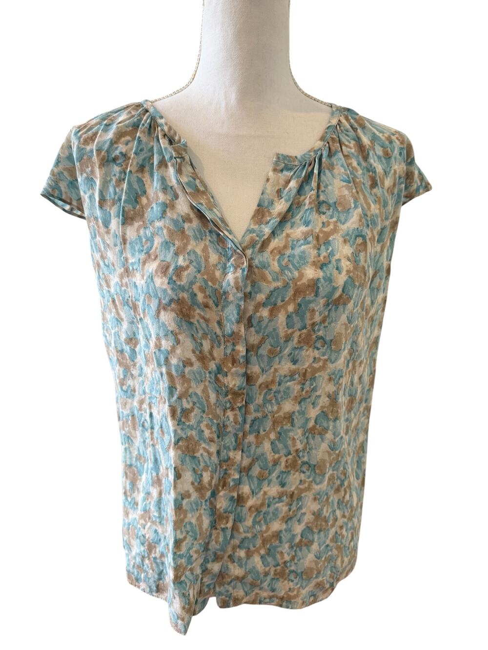 Talbots Teal and Tan Floral Cap-Sleeve Split-Neck Top